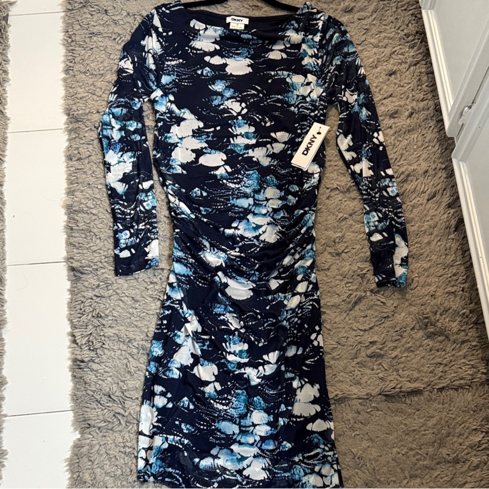 DKNY Navy and White Long Sleeve Bodycon Mesh Dress
